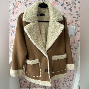 Zara Women's Tan Teddy Jacket with Cream Accents